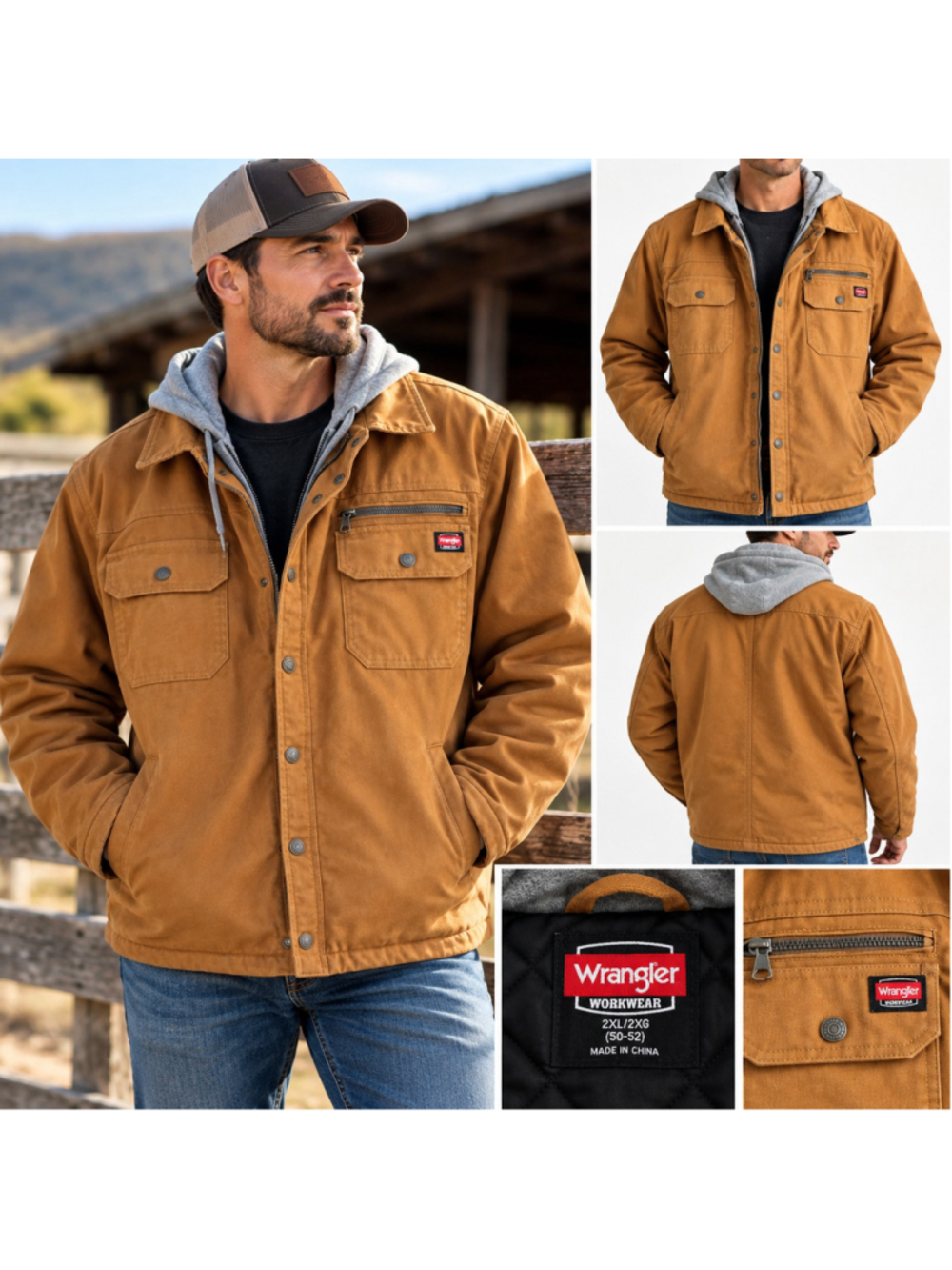 Wrangler Workwear Men’s 2XL Brown Canvas Hooded Work Jacket Coat